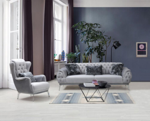 Zestaw do salonu 2 sztuki. Sofa z Fotel Chesterfield Design Modern Włókienniczy
