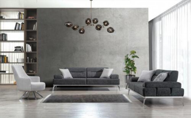 Zestaw do salonu 3 sztuki 2x 3-miejsce siedzące Grey z Biały Fotel Modern Design Włókienniczy