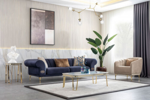 Nowoczesny Niebiesko-Beżowy Zestaw sofowy Designer 3+1 -miejsce siedzące Luksusowy Salon Fotel