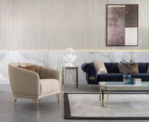 Nowoczesny Niebiesko-Beżowy Zestaw sofowy Designer 3+1 -miejsce siedzące Luksusowy Salon Fotel