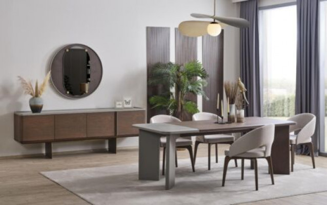 Duża jadalnia Ustaw designerski Stół obiadowy 4x Krzesła Kredens Lustro