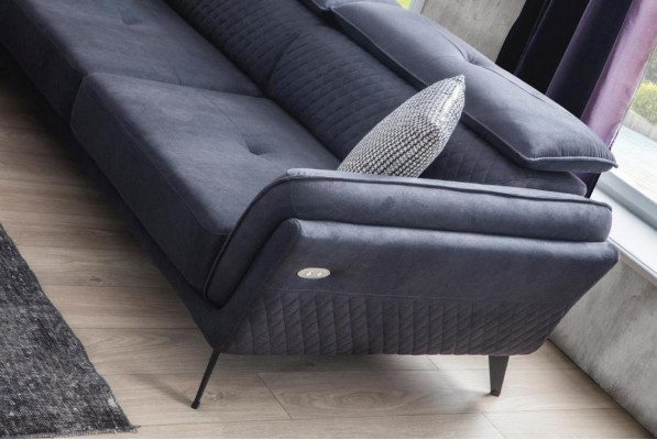 Solidna, szara, materiałowa sofa, designerska sofa w kształcie litery L, podkładka do salonu
