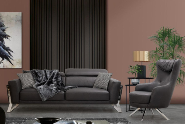 Czarna Sofa do Salonu Trzyosobowa Designerska Luksusowa Skóra 3-miejsce siedzące Meble