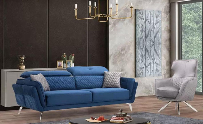 Niebieska Sofa Włókiennicza Nowoczesny Salon Trzyosobowa Luksusowa 3-miejsce siedzące Sofa
