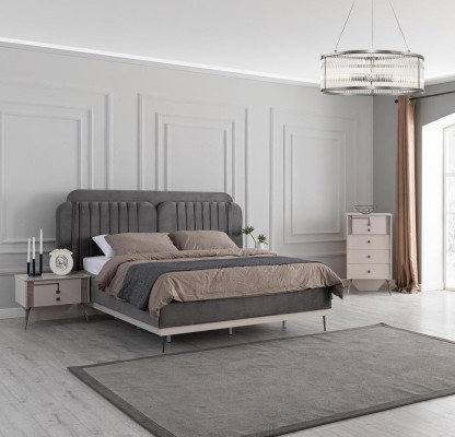 Sypialnia Zestaw Nowoczesny Szary Podwójne łóżko 2x Design Szafki nocne 3-częściowe