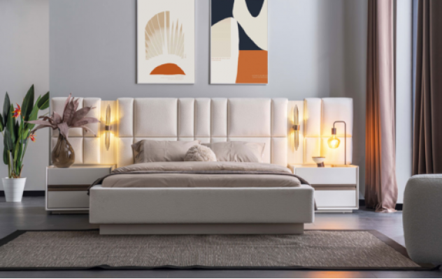 Ekskluzywne designerskie łóżko tekstylne Sypialnia Meble 2x Drewno Szafki nocne
