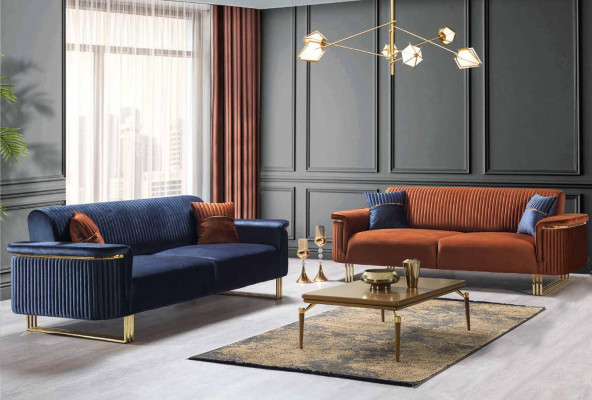 Niebiesko-pomarańczowy zestaw sof do salonu Designerskie sofy materiałowe Nowoczesne meble 2-częściowe