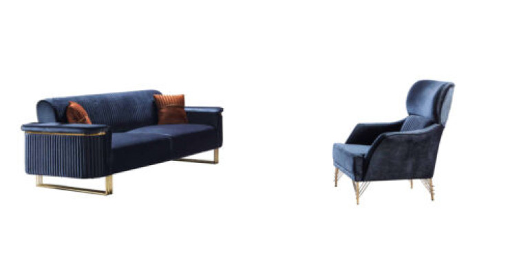 Niebieski Zestaw do Salonu Designerski 3-miejsce siedzące Tapicerka Fotel Luxury Meble 2-częściowa