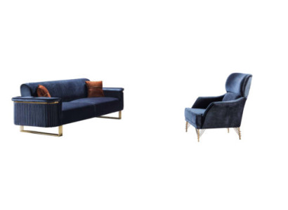 Niebieski Zestaw do Salonu Designerski 3-miejsce siedzące Tapicerka Fotel Luxury Meble 2-częściowa