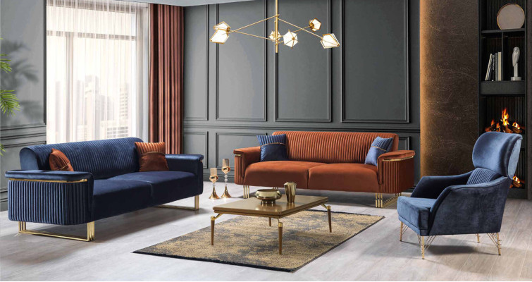 Niebieski Zestaw do Salonu Designerski 3-miejsce siedzące Tapicerka Fotel Luxury Meble 2-częściowa