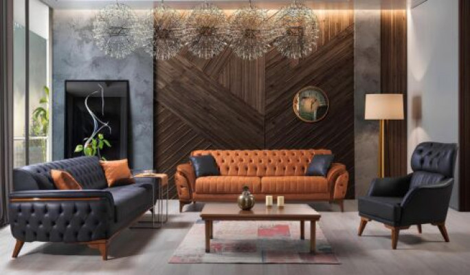 Czarny-Orange Chesterfield Zestaw sofowy do salonu Fotel 4-częściowy