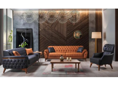 Czarny-Orange Chesterfield Zestaw sofowy do salonu Fotel 4-częściowy