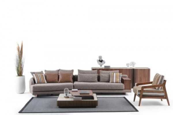 Ekskluzywny komplet wypoczynkowy do salonu materiałowa sofa Drewno stolik kawowy kredens