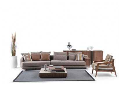 Ekskluzywny komplet wypoczynkowy do salonu materiałowa sofa Drewno stolik kawowy kredens