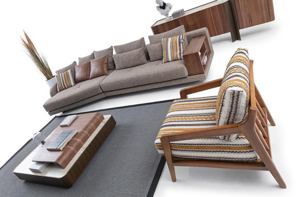 Ekskluzywny komplet wypoczynkowy do salonu materiałowa sofa Drewno stolik kawowy kredens