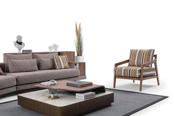 Ekskluzywny komplet wypoczynkowy do salonu materiałowa sofa Drewno stolik kawowy kredens