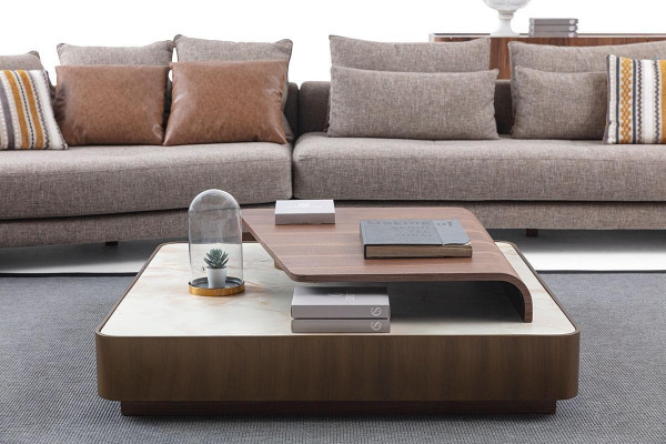 Ekskluzywny komplet wypoczynkowy do salonu materiałowa sofa Drewno stolik kawowy kredens