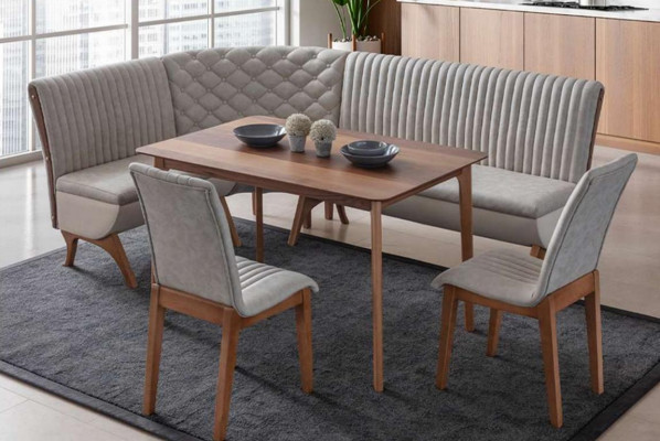 Designerska jasnoszara jadalnia Ustaw Podkładkę narożną ławkę 2x Krzesła Stół obiadowy