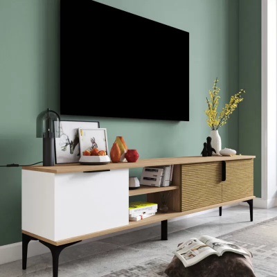 Szafka RTV Nowoczesny Design Luksusowy Salon Prostokątny Brązowy Biały