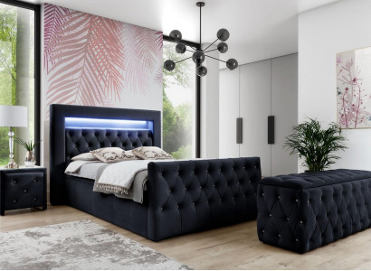 Łóżko tekstylne LED Chesterfield Czarne 2x Drewno Szafki nocne Stołek 4szt