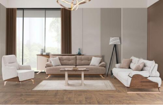Zestaw sofowy trzyosobowy Fotel sofa tapicerowana sofa materiałowa beżowa 3-częściowa