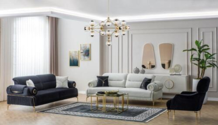 Zestaw kanap trzyosobowy Fotel kanapa tapicerowana sofa materiałowa niebieska 3-częściowa