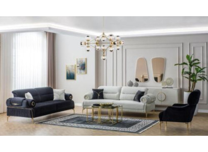 Zestaw kanap trzyosobowy Fotel kanapa tapicerowana sofa materiałowa niebieska 3-częściowa