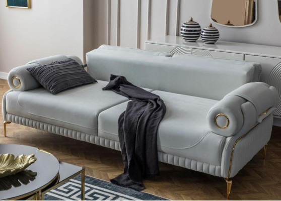 Zestaw kanap trzyosobowy Fotel kanapa tapicerowana sofa materiałowa niebieska 3-częściowa
