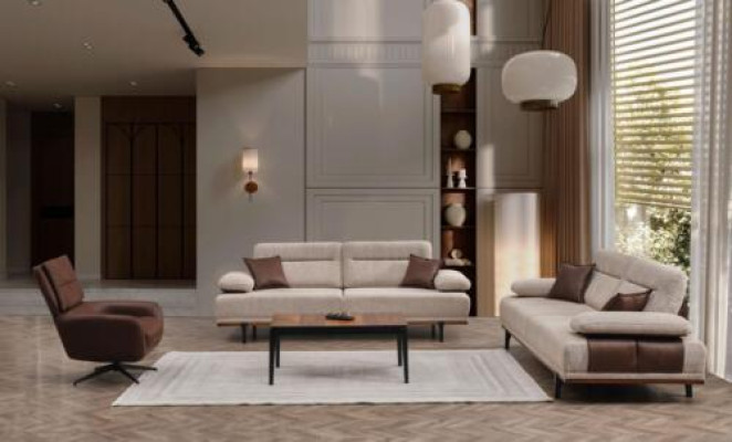 Kompletna sofa materiałowa trzyosobowa Fotel Couch Beige Zestaw 3-częściowych tapicerowanych sof