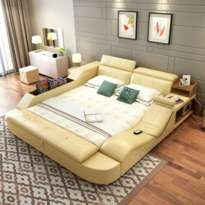 Wielofunkcyjne łóżko o luksusowym designie Skóra łóżko podwójne dekoracyjne półka 180x200cm