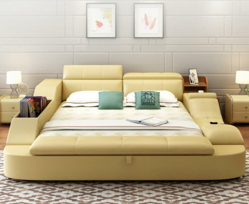 Wielofunkcyjne łóżko o luksusowym designie Skóra łóżko podwójne dekoracyjne półka 180x200cm
