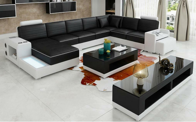 Narożnikowa kanapa Kształt U Kredens stolik kawowy Couch Design Czarny Podkładka Skóra Modern
