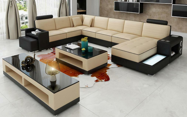 Narożnikowa kanapa Kształt U Kredens stolik kawowy Couch Design Czarny Podkładka Skóra Modern