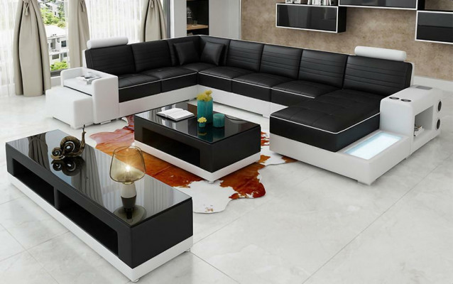 Narożnikowa kanapa Kształt U Kredens stolik kawowy Couch Design Czarny Podkładka Skóra Modern