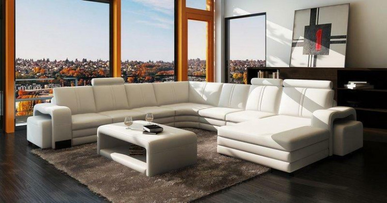 Narożnikowa kanapa Kształt U + 2x Stołek + stolik kawowy Couch Design Szara Podkładka Skóra