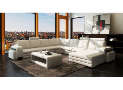 Narożnikowa kanapa Kształt U + 2x Stołek + stolik kawowy Couch Design Szara Podkładka Skóra