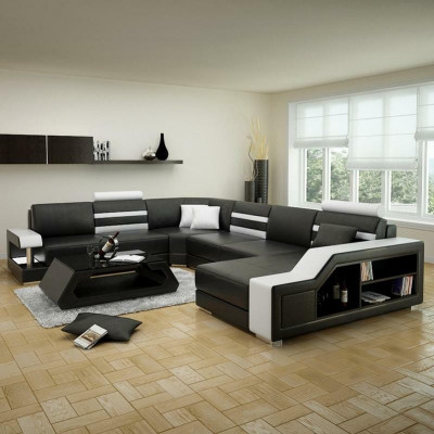 Narożnikowa kanapa Żywy krajobraz Sofa w kształcie litery U - skórzana sofa Ustawić z Półką Skóra