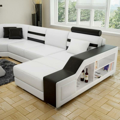 Narożnikowa kanapa Żywy krajobraz Sofa w kształcie litery U - skórzana sofa Ustawić z Półką Skóra