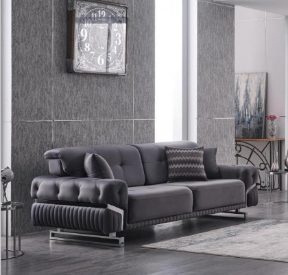 Szara Sofa Kompletna Meble Do Salonu Luksusowy Zestaw Tapicerowany Trzyosobowy