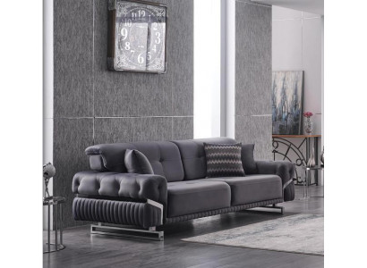 Szara Sofa Kompletna Meble Do Salonu Luksusowy Zestaw Tapicerowany Trzyosobowy