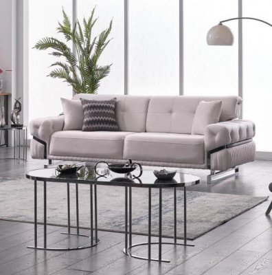 Szara Sofa Kompletna Meble Do Salonu Luksusowy Zestaw Tapicerowany Trzyosobowy