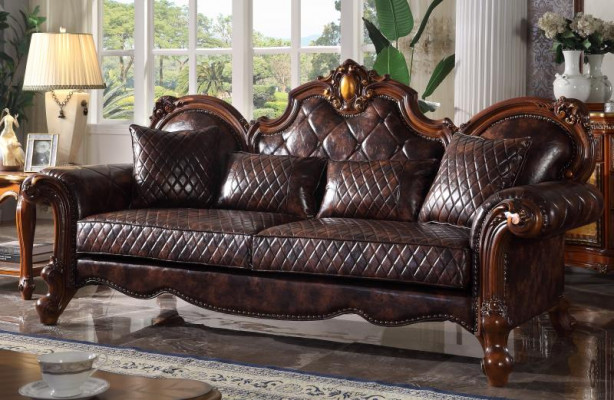 Rzeźbione Barokowe Meble do Salonu Sofa Skóra Kanapa Trzyosobowa Siedziba