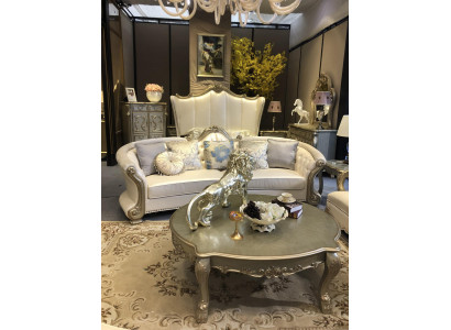 Sofa Okrągły Drewno rzeźbiona czteroosobowa kanapa Skóra Chesterfield salon