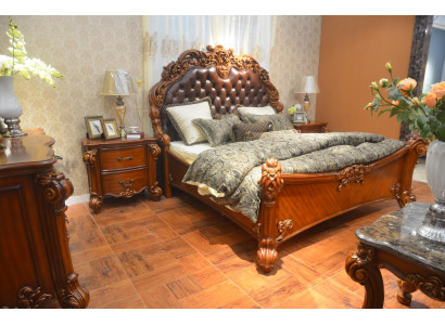 Zestaw Sypialnia Łóżko + 2x Stolik nocny Chesterfield Drewno Skóra łóżko Podkładka