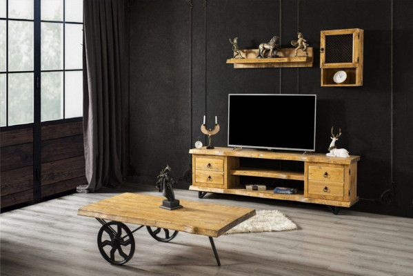 Oryginalny Drewno Jednostka Ścienna Luxury in Brown z stolikiem kawowym na Wheels Rustic Szafa