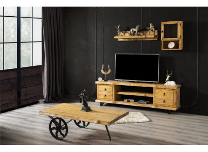 Oryginalny Drewno Jednostka Ścienna Luxury in Brown z stolikiem kawowym na Wheels Rustic Szafa