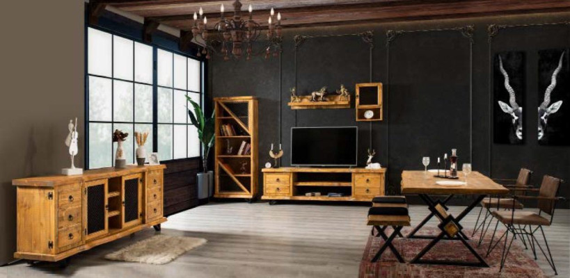 Oryginalny Drewno Jednostka Ścienna Luxury in Brown z stolikiem kawowym na Wheels Rustic Szafa