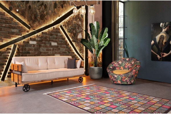 Sofa trzyosobowa w stylu wilhelmińskim, kanapa w stylu loft, poduszka na siedzisko w kolorze beżowym, materiał Włókienniczy
