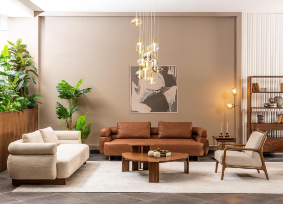 Kompletny zestaw sof trzyosobowych Fotel Material Brown Stoliki do kawy 5-częściowe