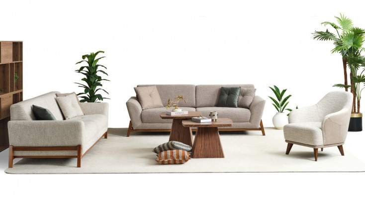 Grupa Couch Sofa Fotel Trzyosobowa Materiał Beżowy Zestaw Sof Tkaninowych 3-częściowy 3+3+1